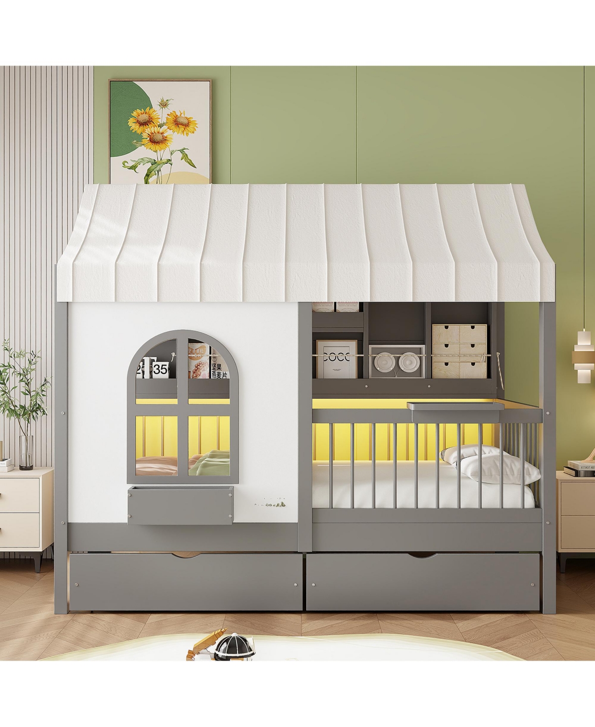 Clihome Twin Size House Bed with 2 Large Drawers, Side Bookshelf with Led Strip