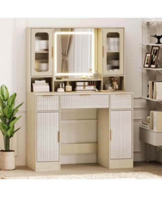 Vanity Desk with Mirror and Light, Makeup Dressing Table with 2 Glass Cabinets, 2 Large Cabinets and 3 Wavy Drawers, Makeup Vanity