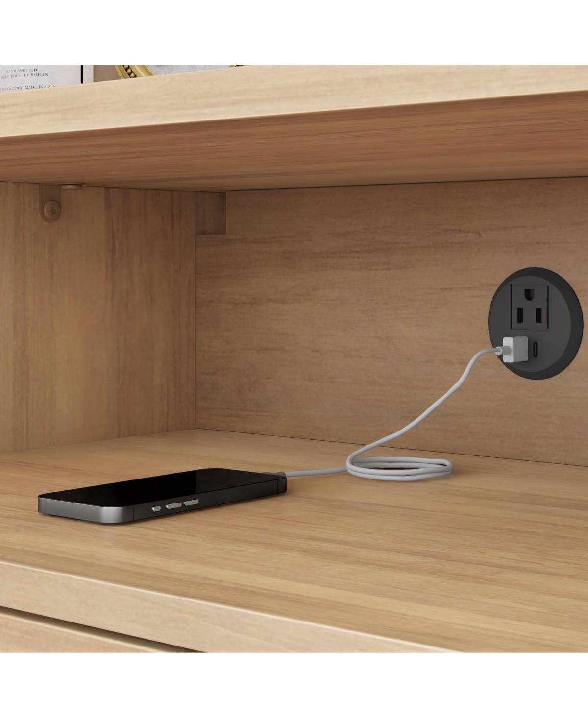 Plank+Beam Elio Rattan Cubby Nightstand with 1 Drawer, Electrical Outlet and Brass Knob