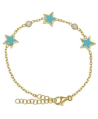 Enamel Stars and Cubic Zirconia Bezel Station Chain Link Bracelet in 14K