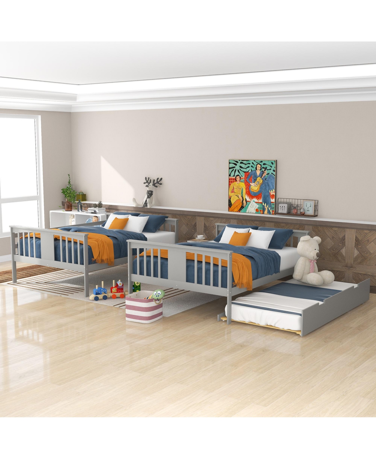 Clihome Full over Full Bunk Bed with Twin Size Trundle and Ladde