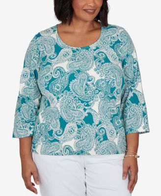 Plus Size Stamped Paisley 3/4-Sleeve Scoop Neck T-Shirt
