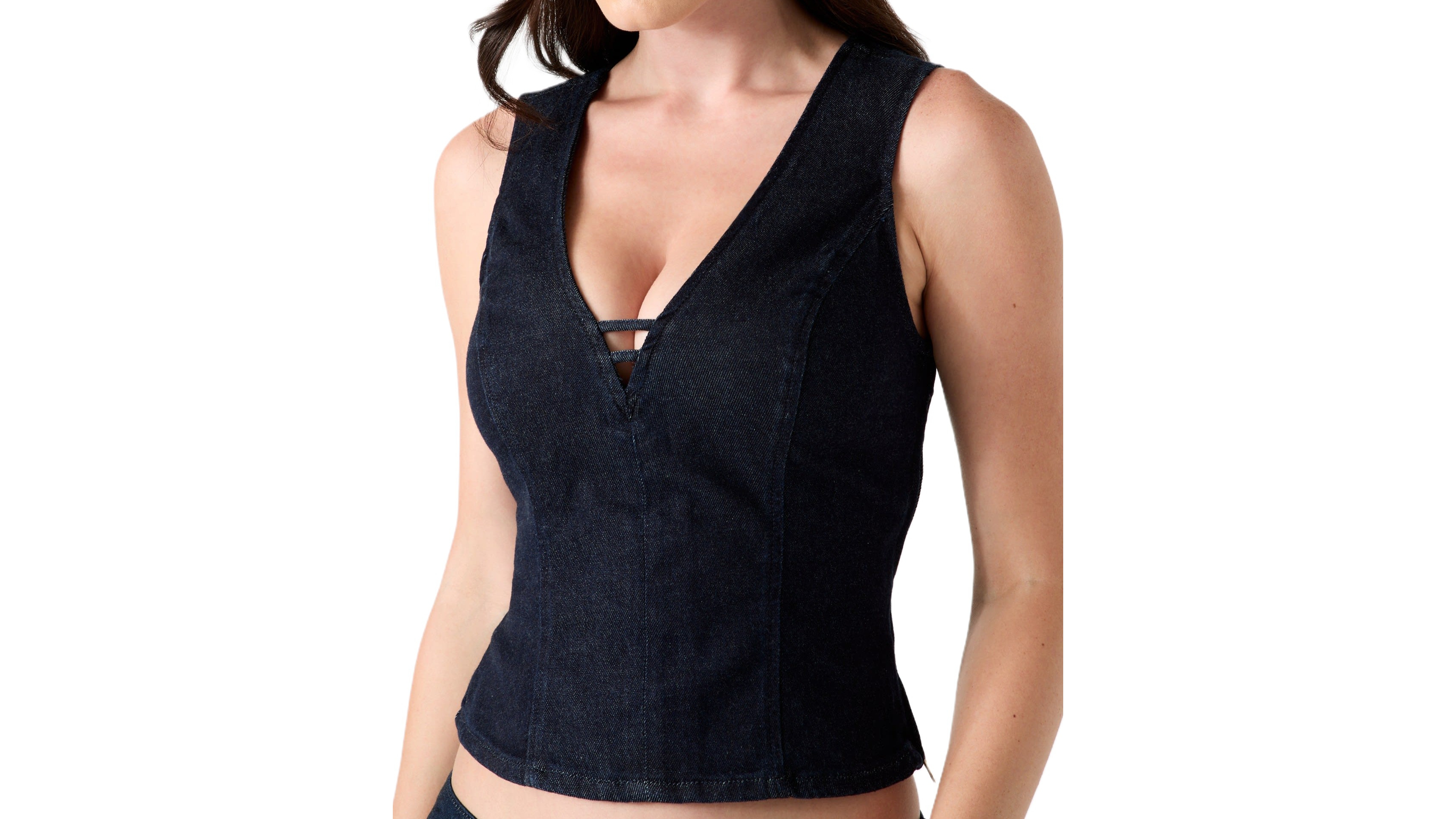 Guess Women's Briley Plunging V-Neck Cropped Sleeveless Denim Top