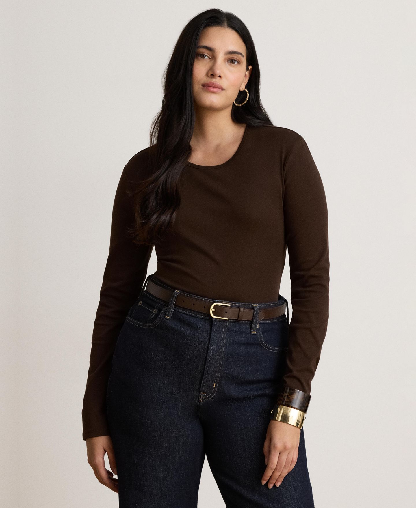 Женский топ Lauren Ralph Lauren Cotton-Blend Long-Sleeve Top, цвет: Коричневый — фото 2