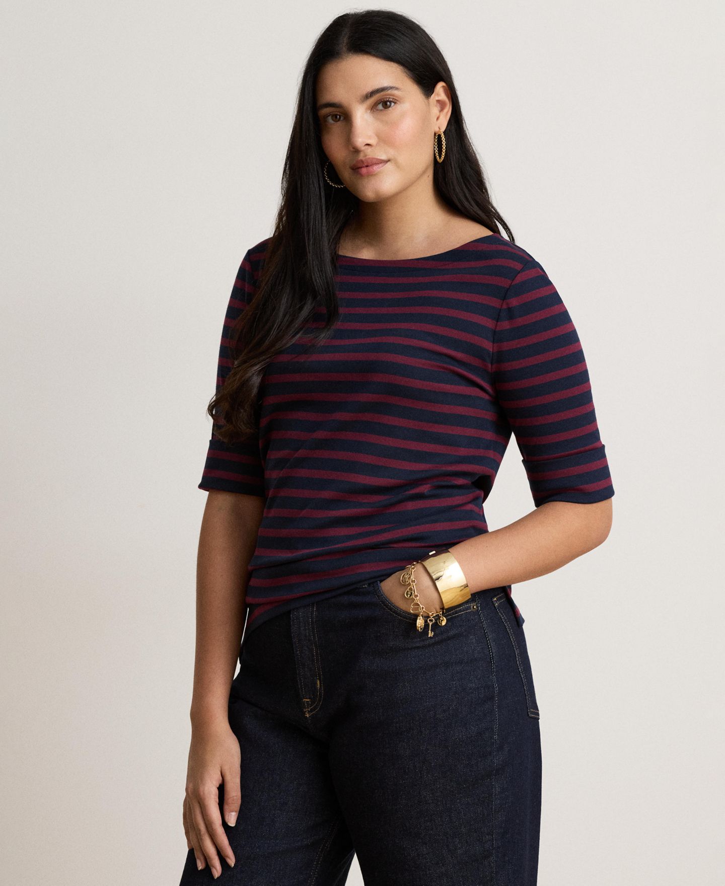 Женский топ Lauren Ralph Lauren Striped Stretch Cotton Boat Neck, цвет: Тёмно-синий / Гранатовый — фото 4