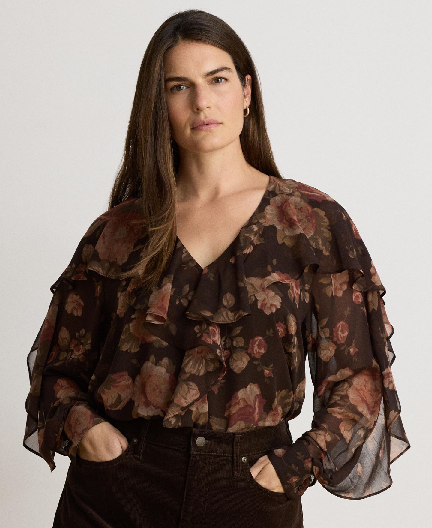 Женская блузка Lauren Ralph Lauren Graceful Floral-Print Ruffle-Trim Chiffon V-Neck, цвет: Коричневый разноцветный — фото 2