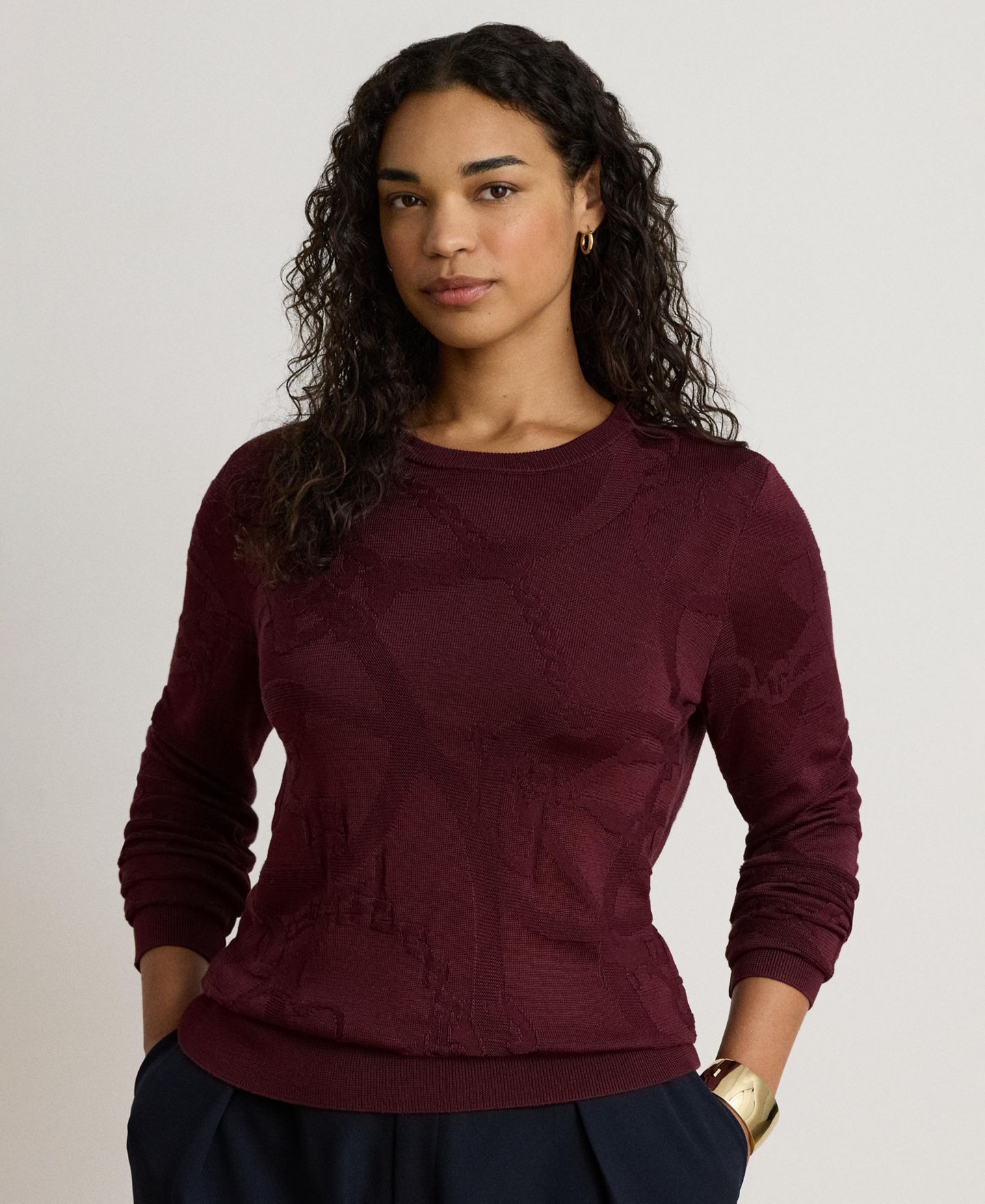 Женский свитер Lauren Ralph Lauren Belting-Motif Slim-Fit Cotton-Blend, цвет: Тёмный гранатовый — фото 2