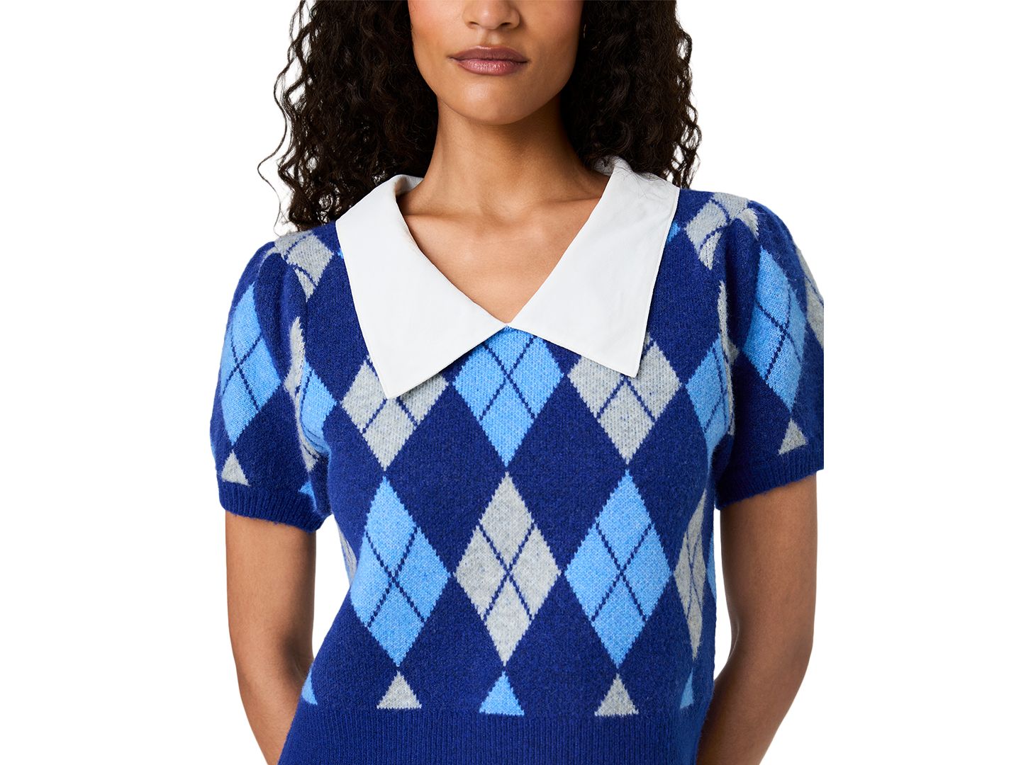 Женский топ French Connection Koda Puff-Sleeve Argyle-Jacquard Collared, цвет: Синий — фото 6