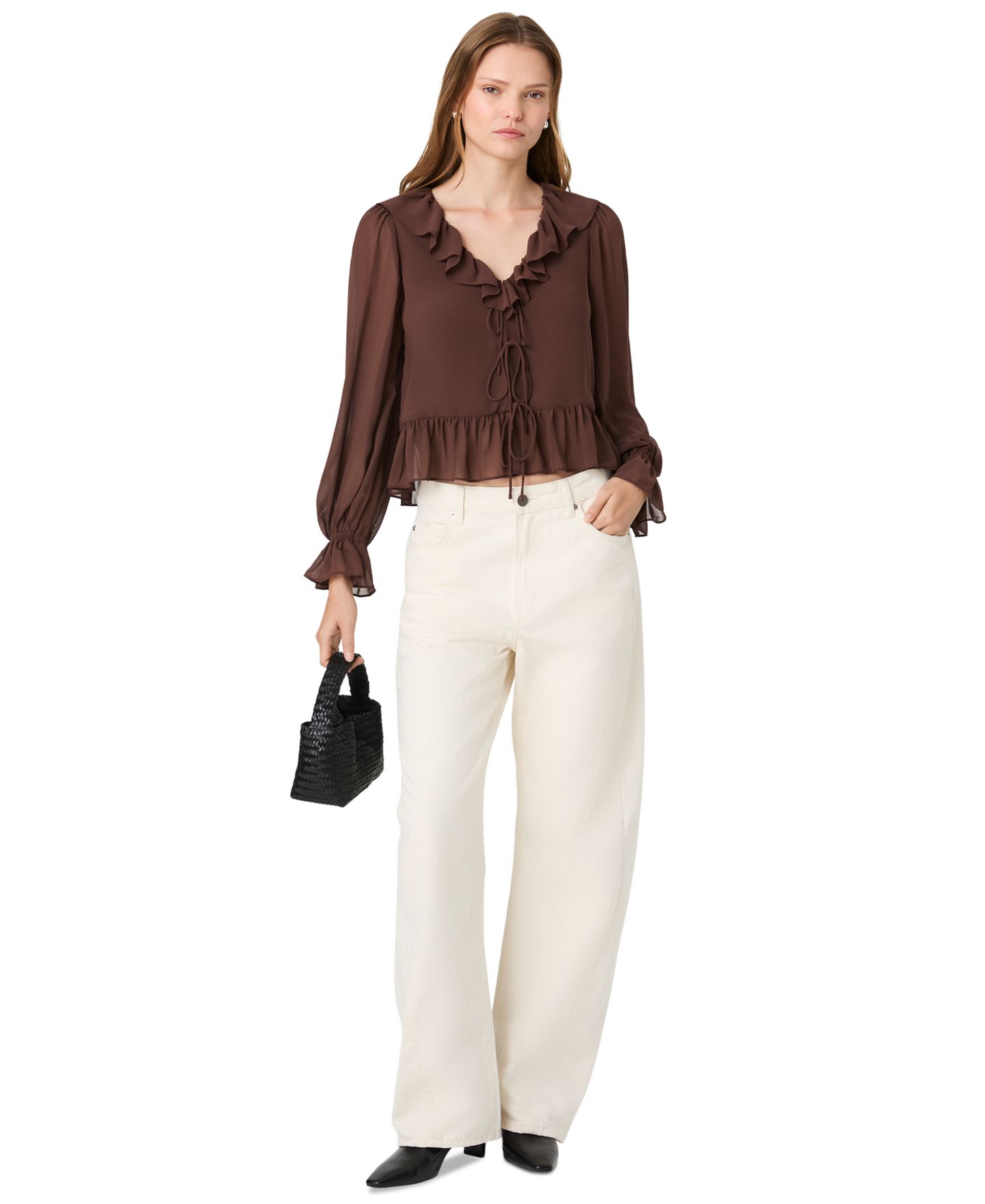 Женская блузка French Connection Marina Long-Sleeve V-Neck Tie-Front, цвет: Какао коричневый — фото 8