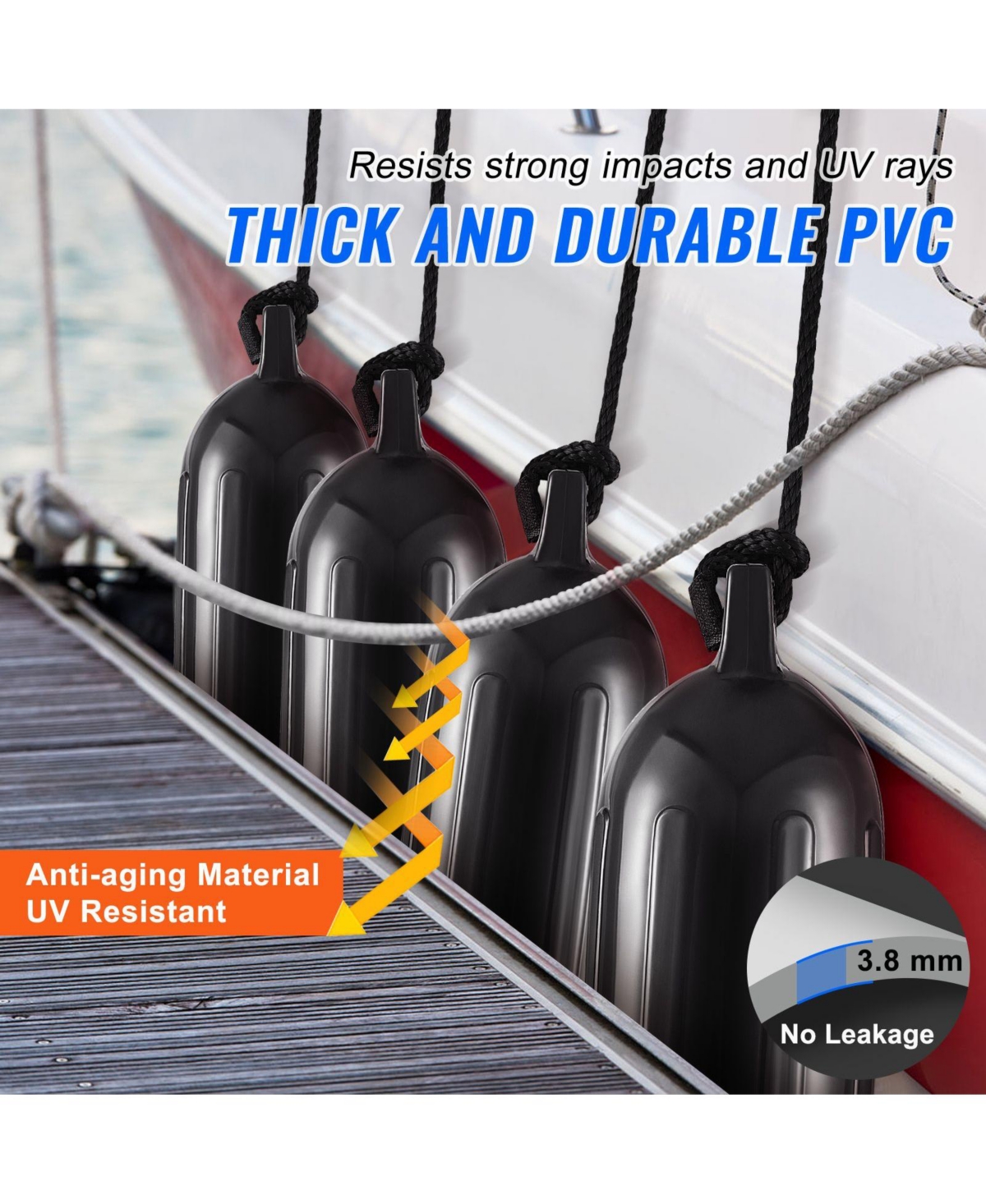 Mountaintop Boat Fenders, 5.5" x 20" Inflatable Ribbed Docking Bumper, Center Holes, Air Pump, 4 Needles, 4 Ropes and Storage Bag for Marine Boats