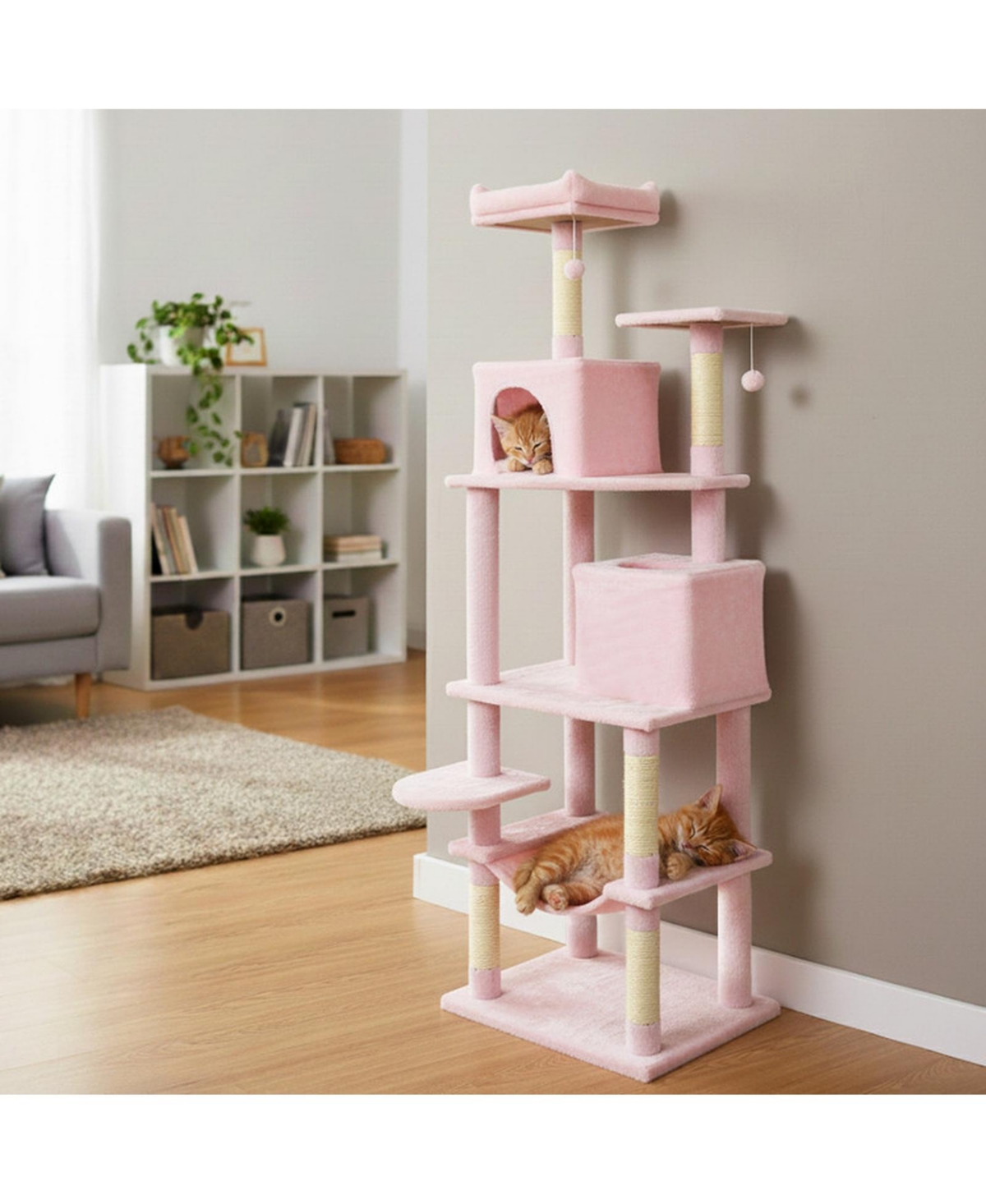 Sugift Cat Tree 58 Inch Multi-Level with Plush Wrapped Perch Dual Condos and Hanging Balls