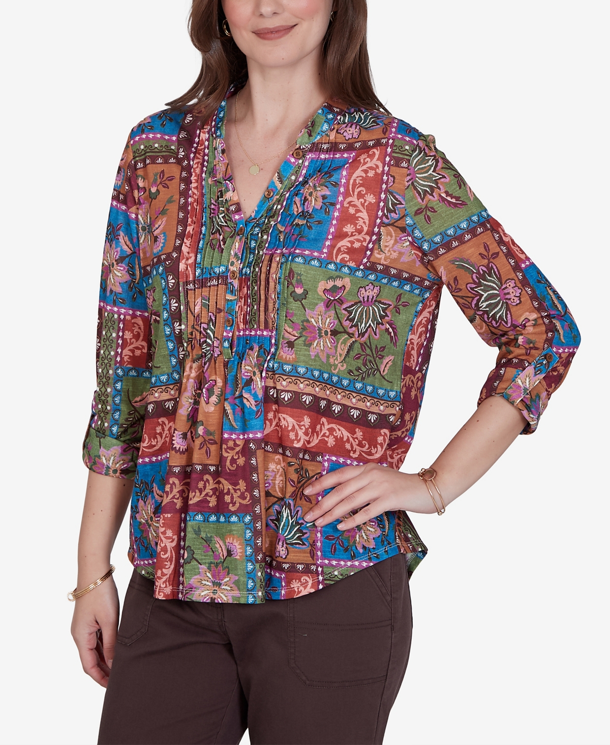 Ruby Rd. Petite Tapestry Top 3/4-sleeve Floral-print Button-front Blouse In Multi