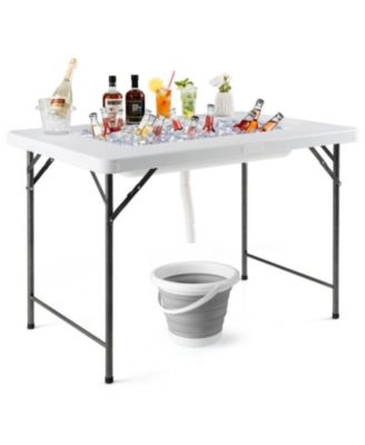 4 Feet Folding Ice Bin Table with Skirt for Camping Picnic Wedding with Ice Bucket