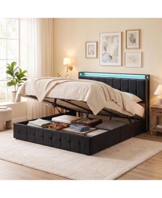King Bed Frame with Lift Up Storage and LED Lights, Velvet Bed with Storage Headboard and Charging Station, Metal Platform Bed