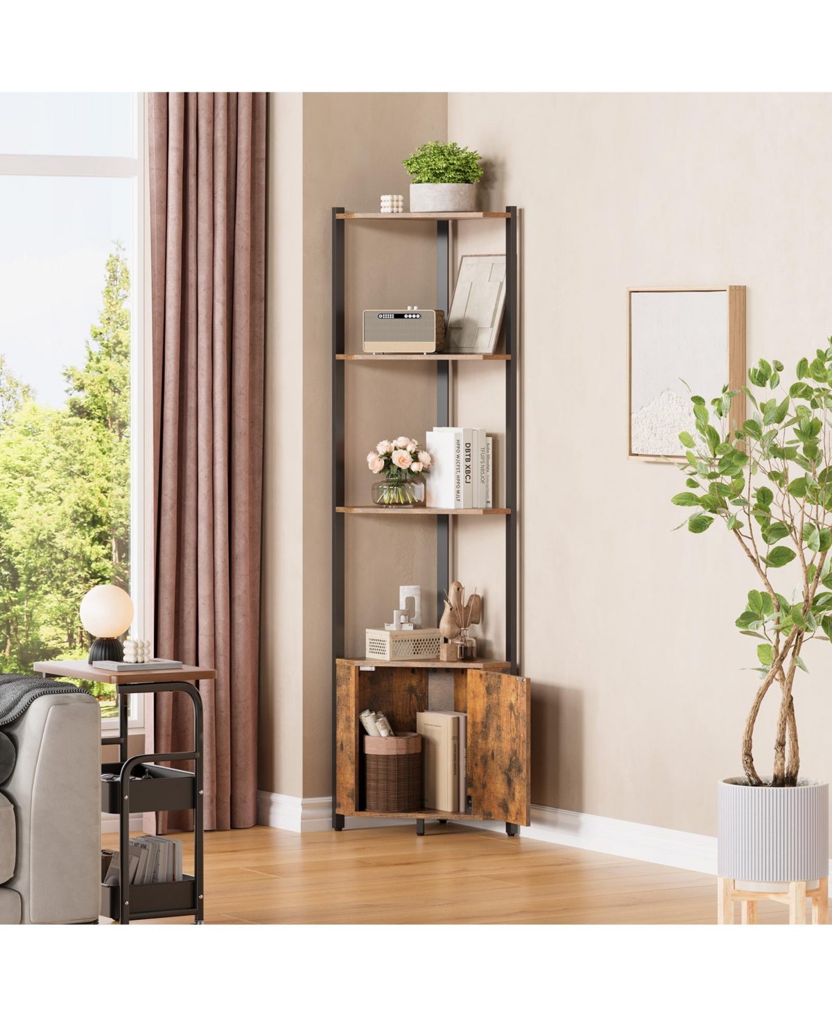 homfan Space-Saving 5-Tier Corner Shelf - 57 Inch Height - Metal Frame and Wood Shelves - for Living Room, Bedroom, Kitchen, Bathroom