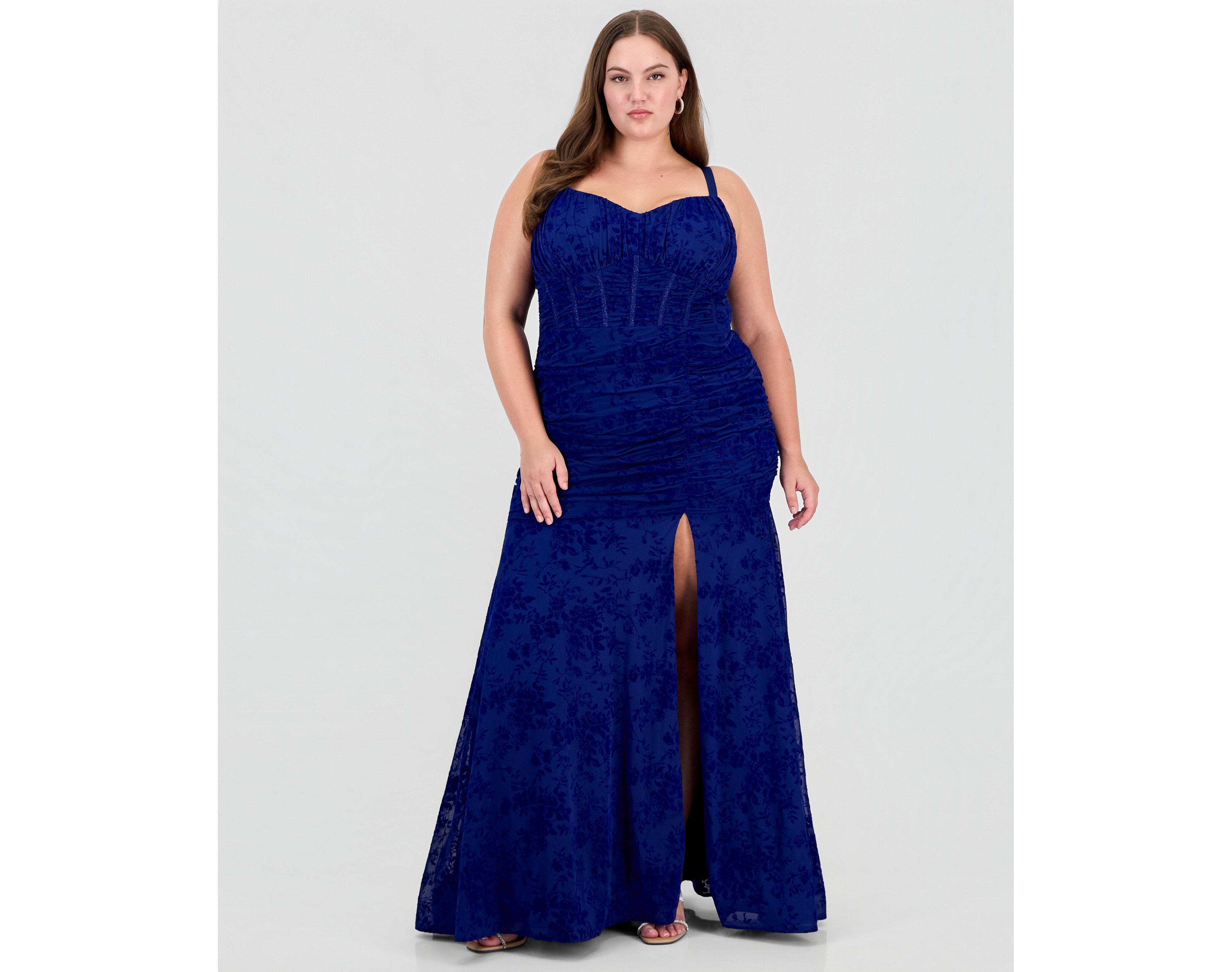 Seni & Cade Plus Corset Flocked Mesh V-Neck Gown