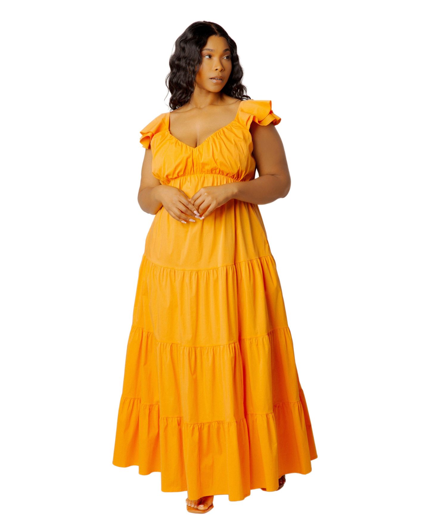 Женское платье Buxom Couture Plus Size Flutter-Sleeve Tiered Maxi, цвет: Абрикосовый — фото 4
