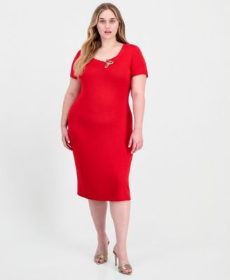 Plus Size Square Neck Short-Sleeve Hardware-Detail Midi Dress