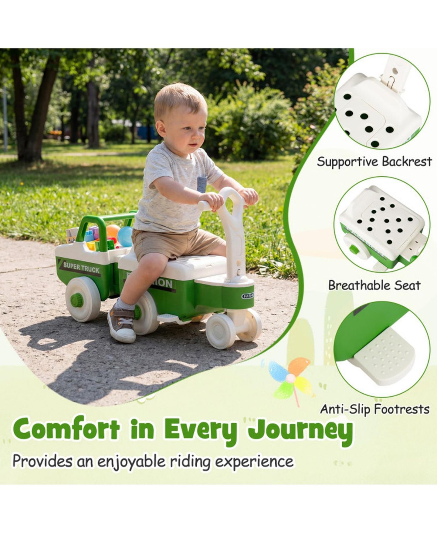 Детская игрушка HONGGE 4-in-1 Kids Ride-On Push Car with Music Trailer and Under-Seat Storage Ages 1.5-5, цвет: Зелёный — фото 9