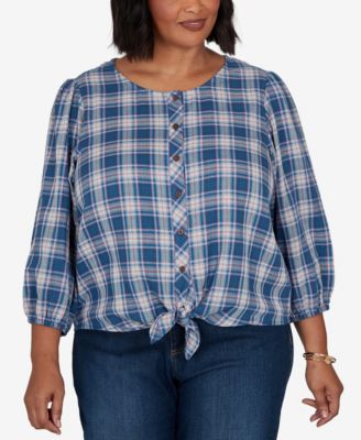 Plus Size Homestead Plaid 3/4-Sleeve Button-Front Top