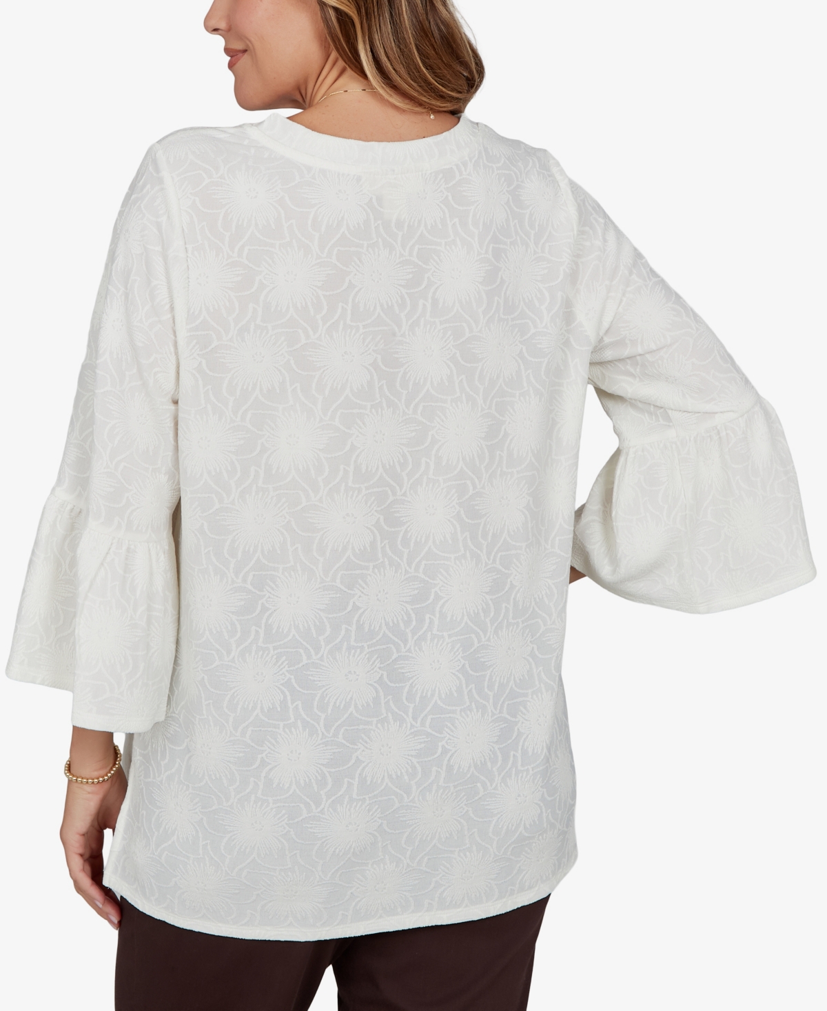 Ruby Rd. Plus Size V-neck Floral Bell-sleeve Blouse In White