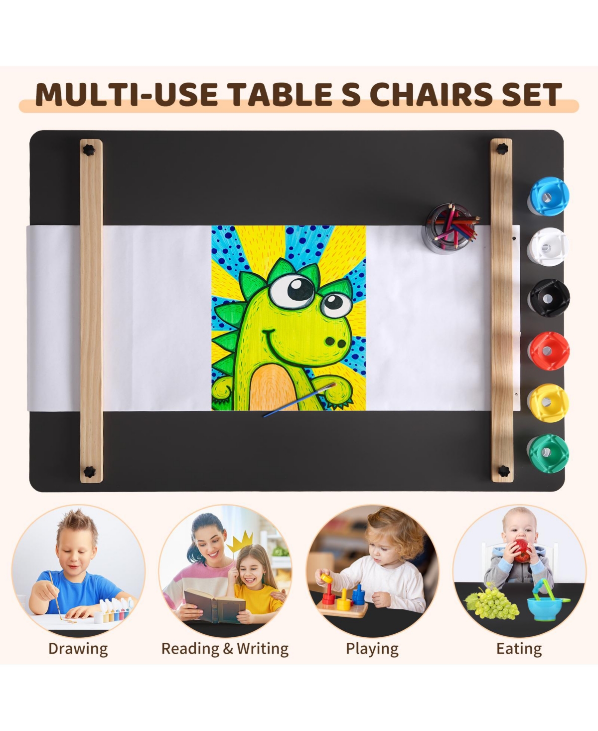 homfan 4-in-1 Kids Art Table Set (Table plus 2 Chairs) - Wooden Activity Desk with Storage Bins, Easel, Drawing and Study