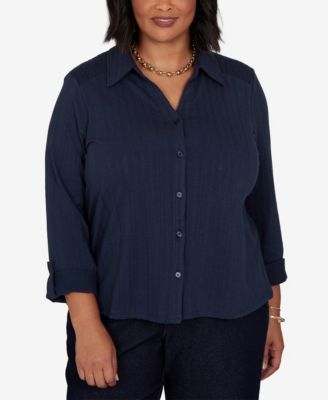 Plus Size Striped Roll-Tab Button-Front Blouse