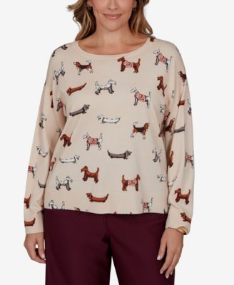 Plus Size Ballet Neckline Allover Dog Print Long-Sleeve Sweater