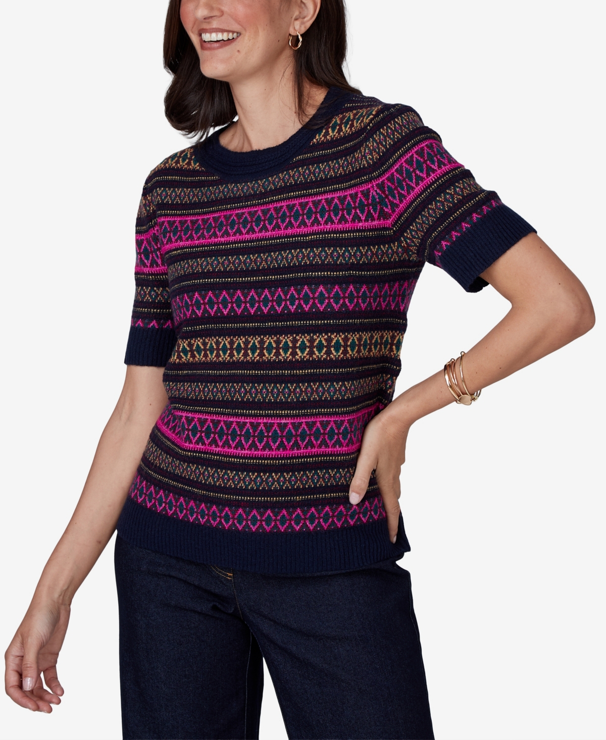 Ruby Rd. Plus Size Fair Isle Crewneck Short-sleeve Sweater In Multi