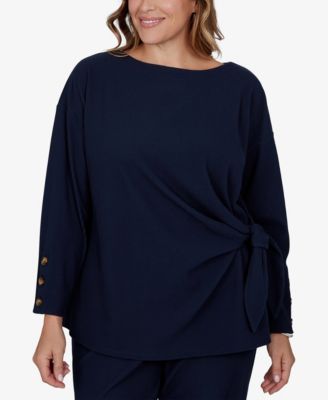 Plus Size Boat-Neck Long-Sleeve Side-Tie Top