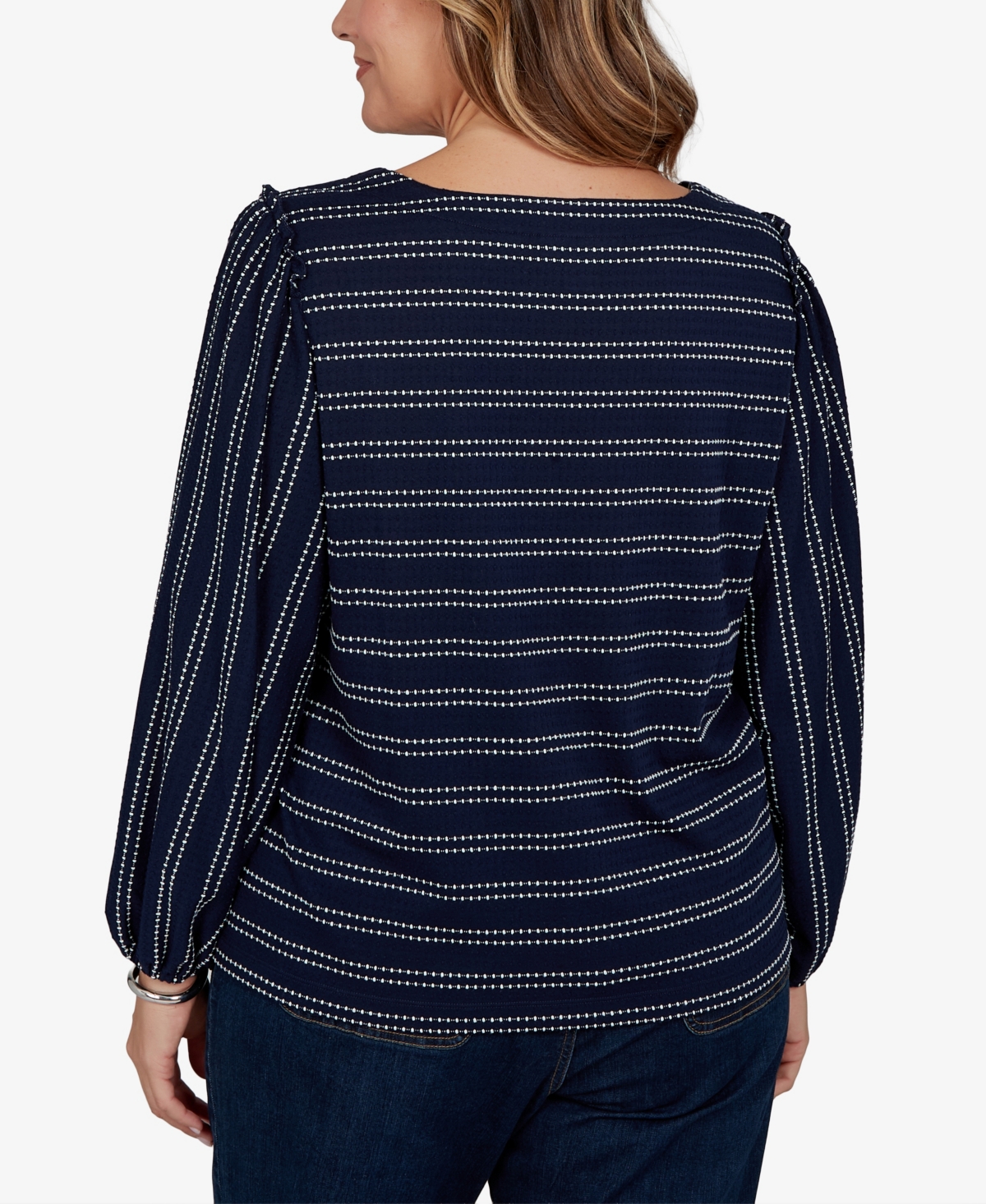 Ruby Rd. Plus Size Dobby Stripe Long-sleeve Boat Neck Blouse In Blue