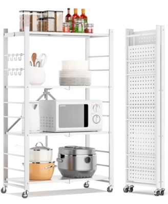 4-Tier Foldable Storage Shelves, Metal Storage Rack with Wheels and Hooks