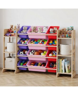 Kids Toy Storage Organizer 52.3" Wide Solid Wood Bookshelf Cabinet with 12 Removable Bins and 6 Shelves Cubby Storage