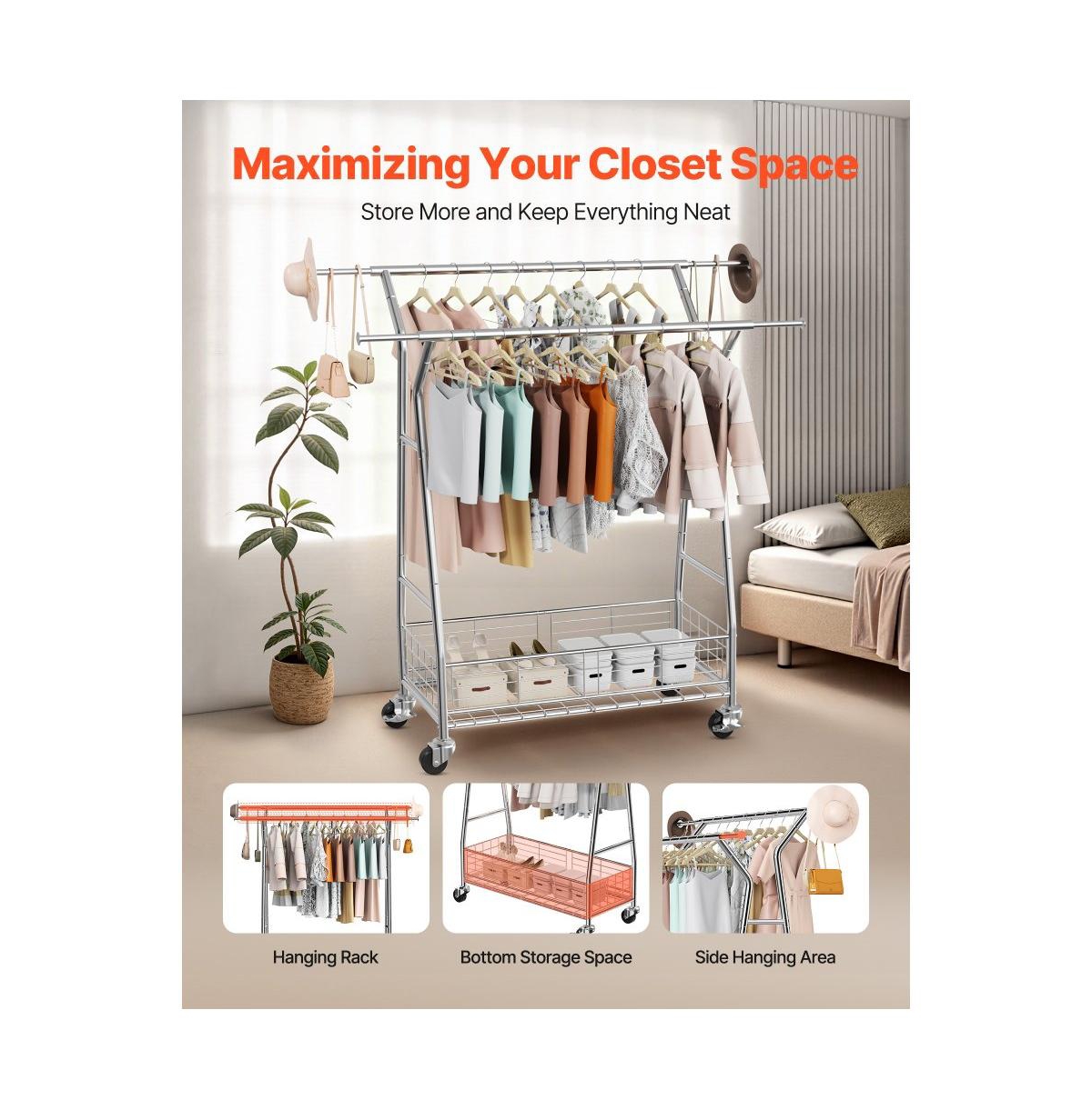 Slickblue Adjustable Rolling Garment Rack with Double Rods and Storage Basket for Laundry Room