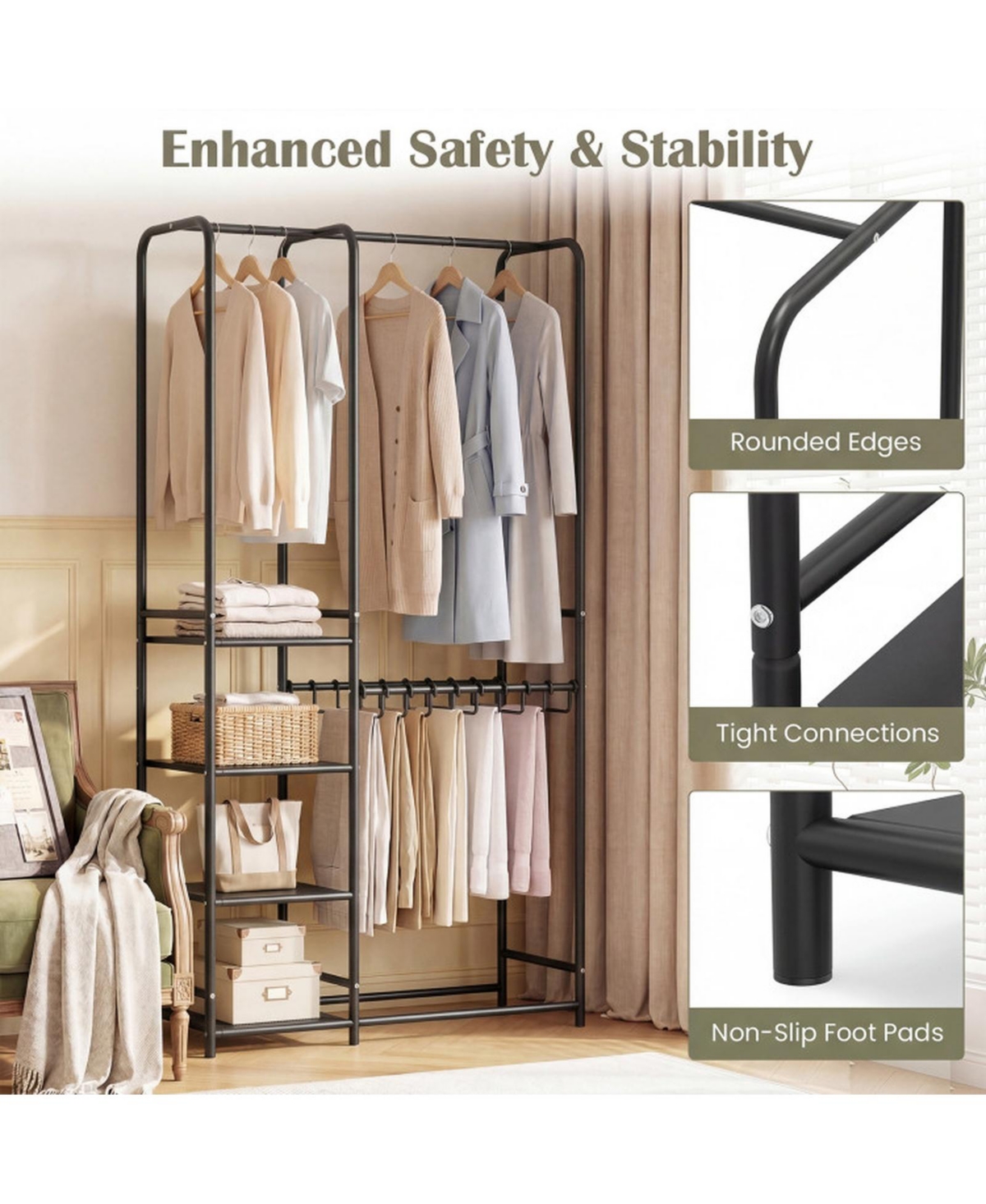 Sugift Portable Closet with Pants Hangers 2 Hanging Rods and 4 Storage Shelves Freestanding Wardrobe Rack