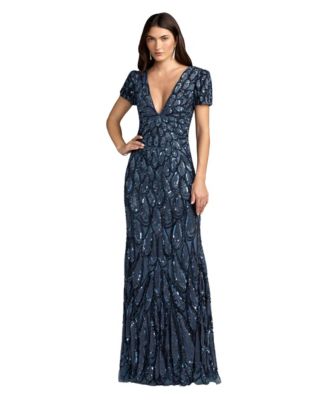 Petite Beaded Embellished V Neck Cap Sleeve Column Gown