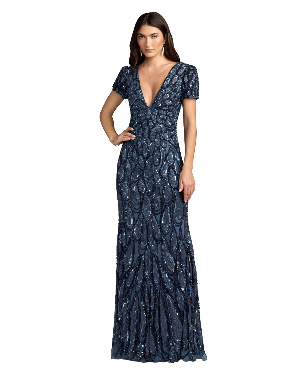 Mac Duggal Women's Beaded Sequin V-Neck Cap Sleeve Fitted Column Gown - Denim