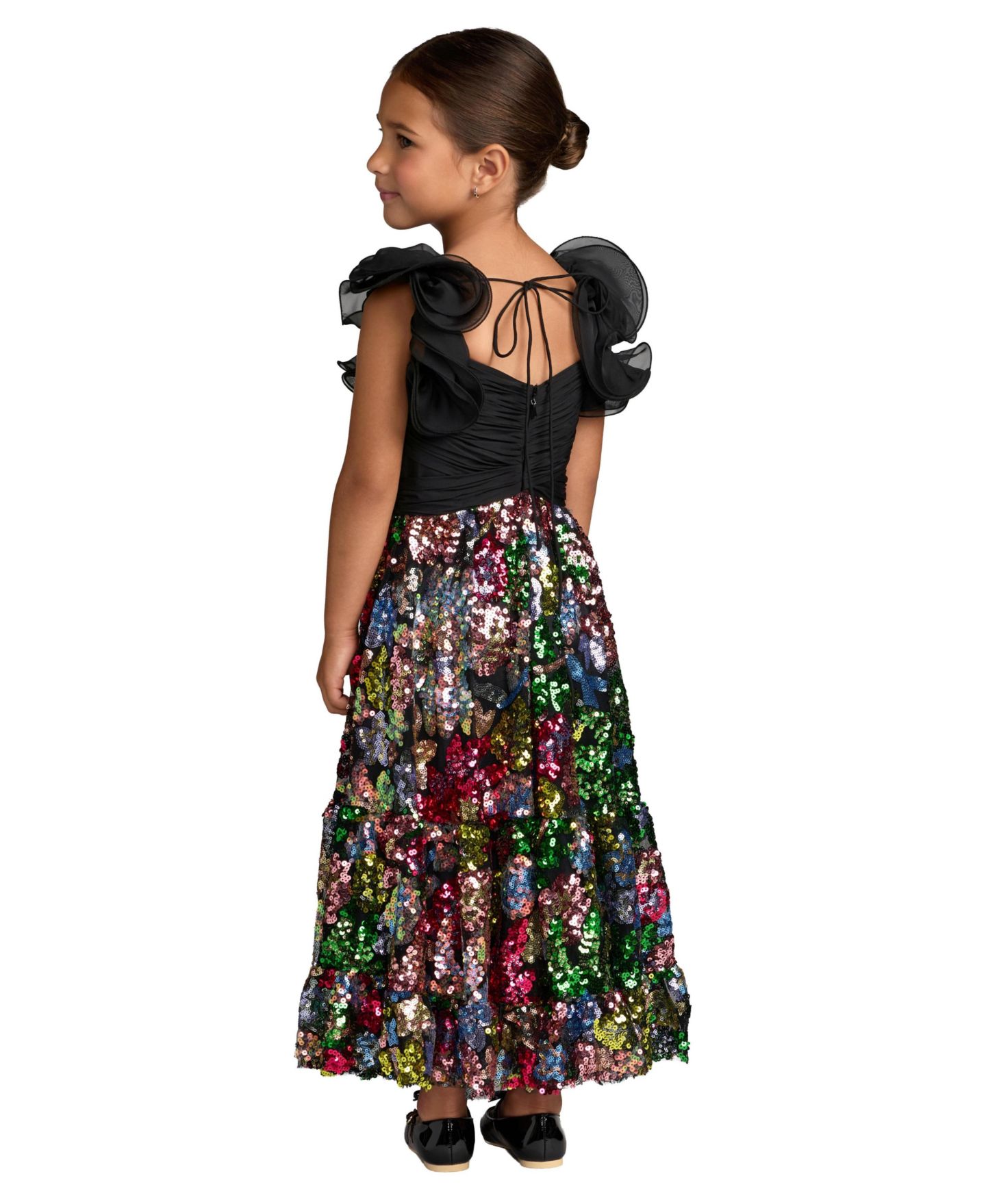 Платье Mac Duggal Sequin Floral Maxi Dress with Ruffle Sleeves для девочек, цвет: Чёрный разноцветный — фото 2