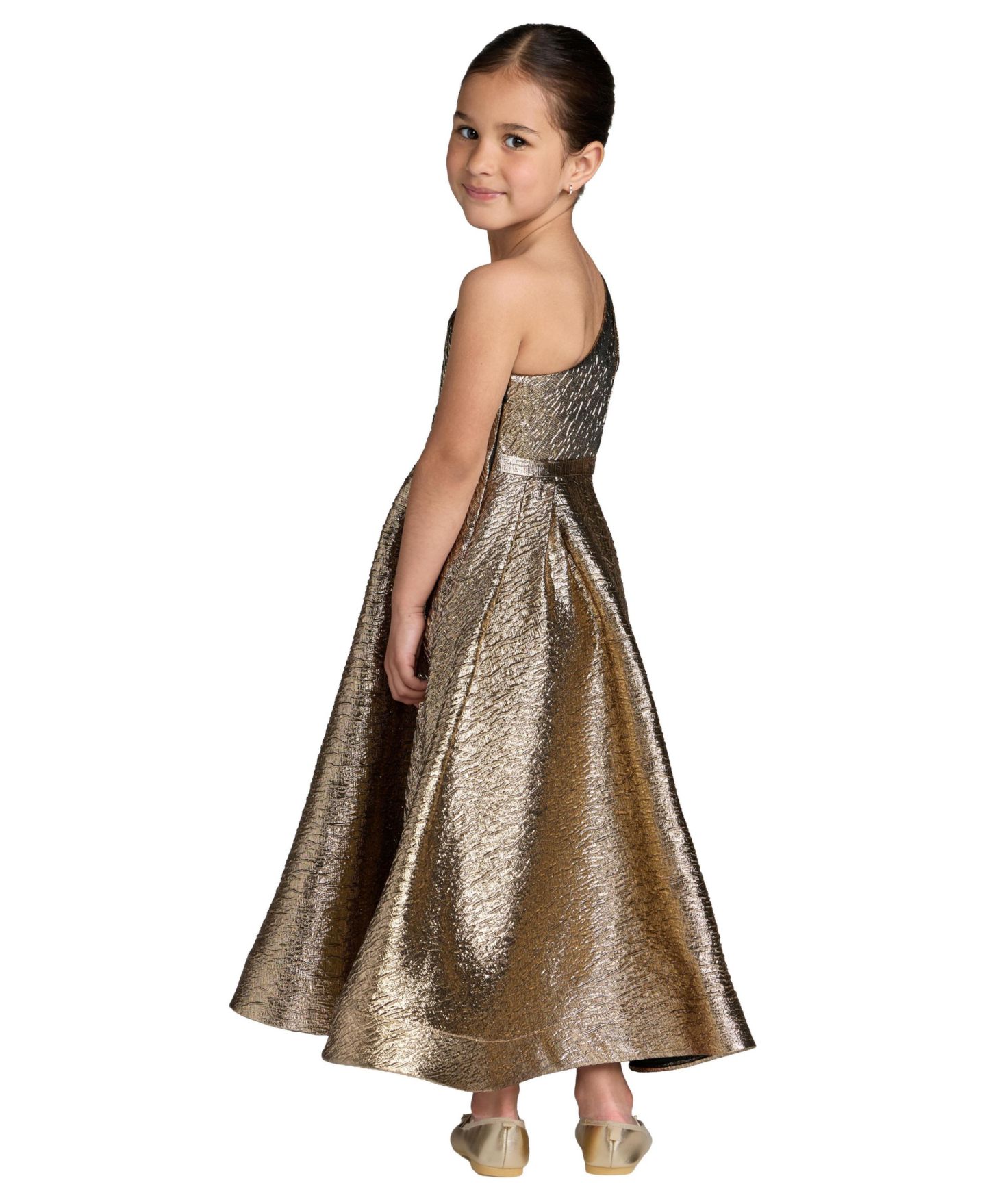 Платье Mac Duggal One-Shoulder Metallic A-Line Maxi Dress для девочек, цвет: Состаренный бронзовый — фото 2