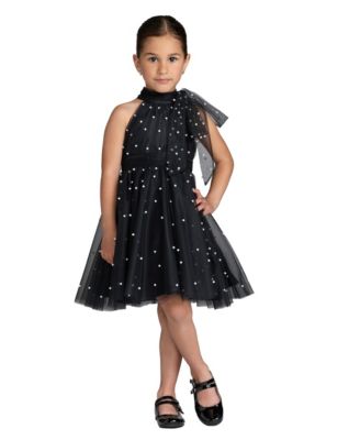 Little Girls Pearl Embellished Tulle Fit and Flare Dress