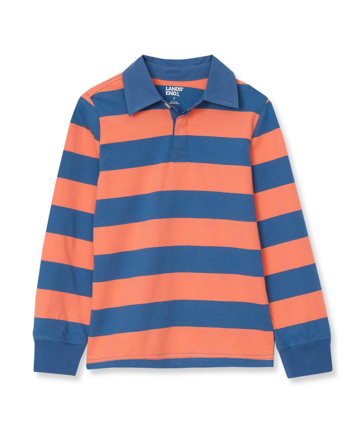 Рубашка Lands' End Husky Long Sleeve Collared Rugby для мальчиков, цвет: Оранжевый / Синий полосатый — фото 2