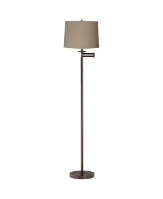 Modern Swing Arm Floor Lamp 60.5" Tall Bronze Natural Linen Drum Shade for Living Room Reading Bedroom Office