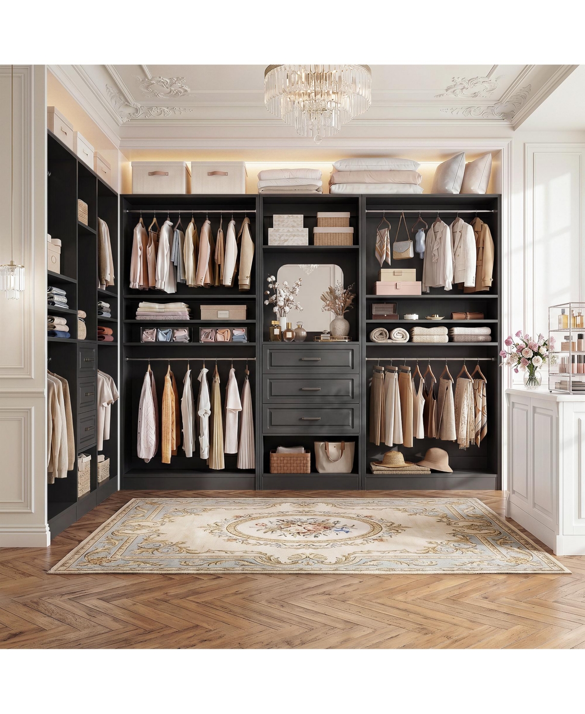 Aheaplus Closet System Set with Mirror and Shelves, Organizer Drawer