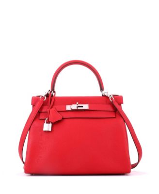 Pre-Owned Hermes Kelly 28 Handbag Red Togo with Palladium Hardware