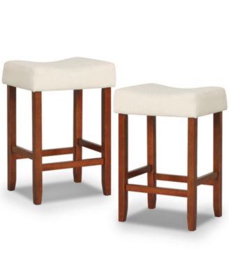 Set of 2 24 Inch Backless Bar Stools with Curved Linen Seat Cushions and Nailhead Trim