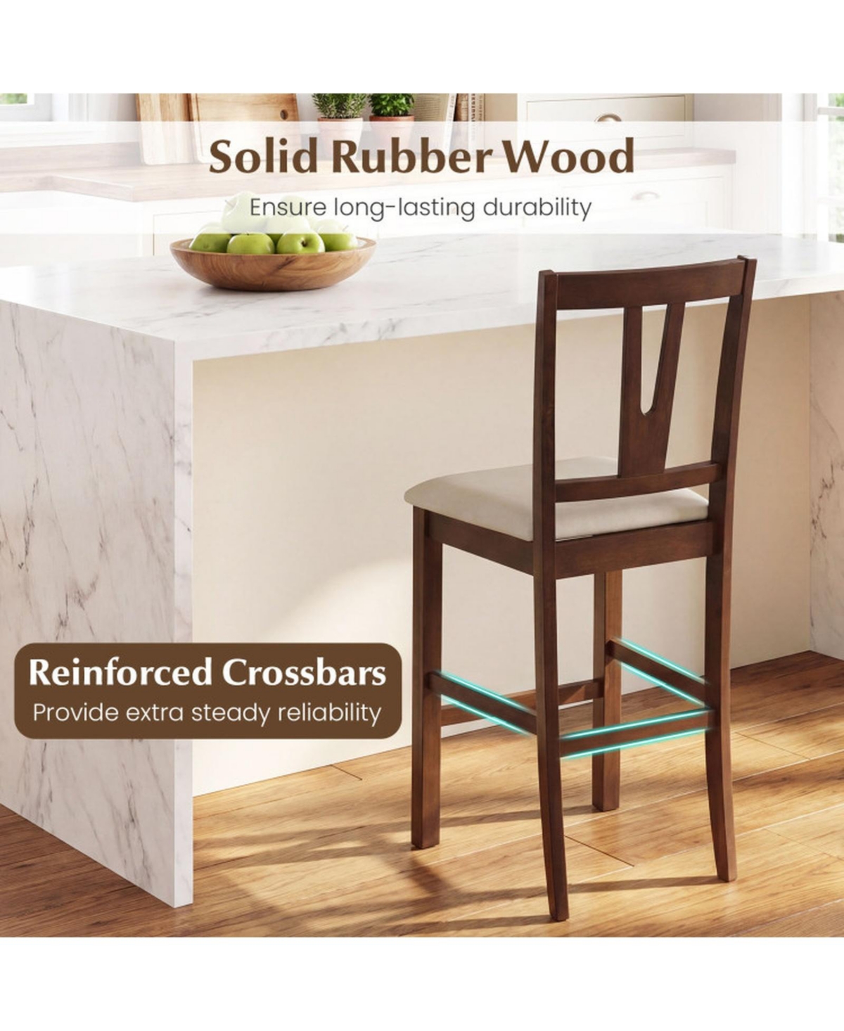Sugift Counter Height Bar Stools Set of 2 with Contoured V-Back and Upholstered Cushioned Seat