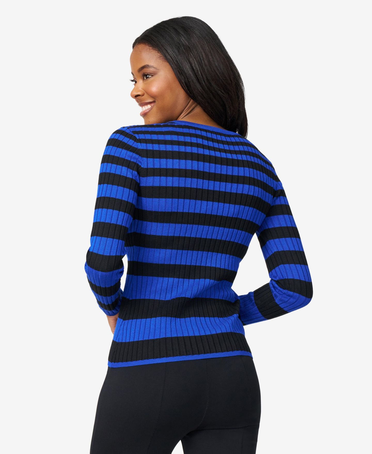 Женский свитер Melissa Paige Striped Ribbed Crewneck, цвет: Синий / Чёрный — фото 3