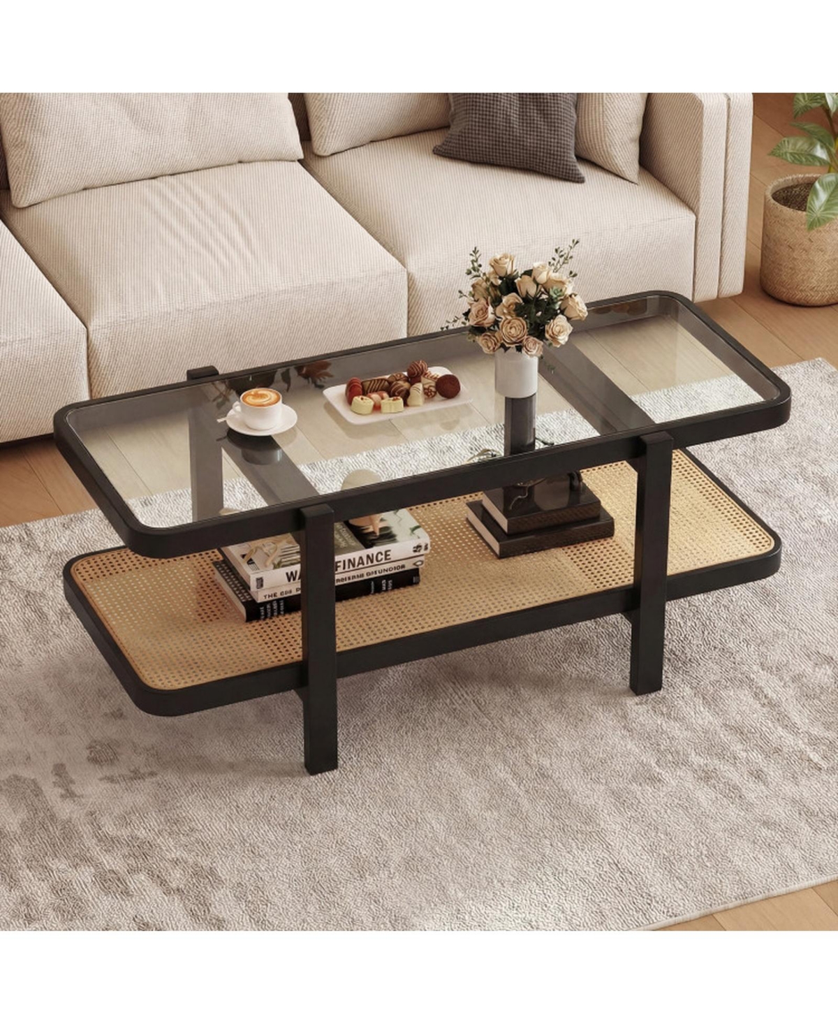 Sugift 2-Tier Coffee Table with Tempered Glass Top and Rattan Storage Shelf