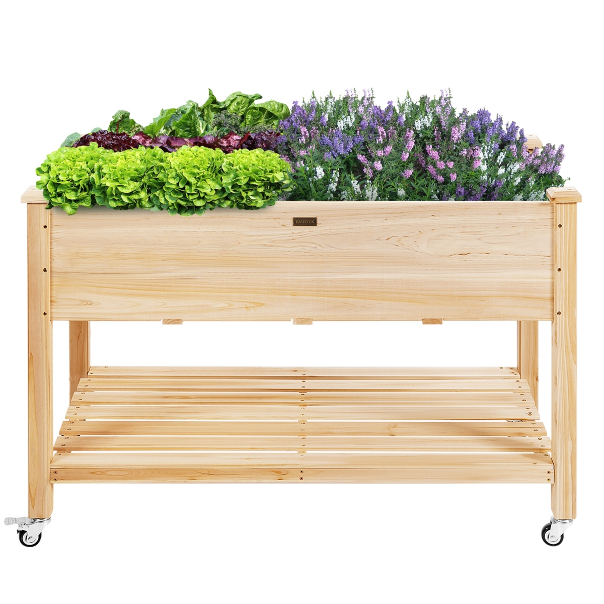Sugift Wood Elevated Planter Bed with Lockable Wheels Shelf and Liner
