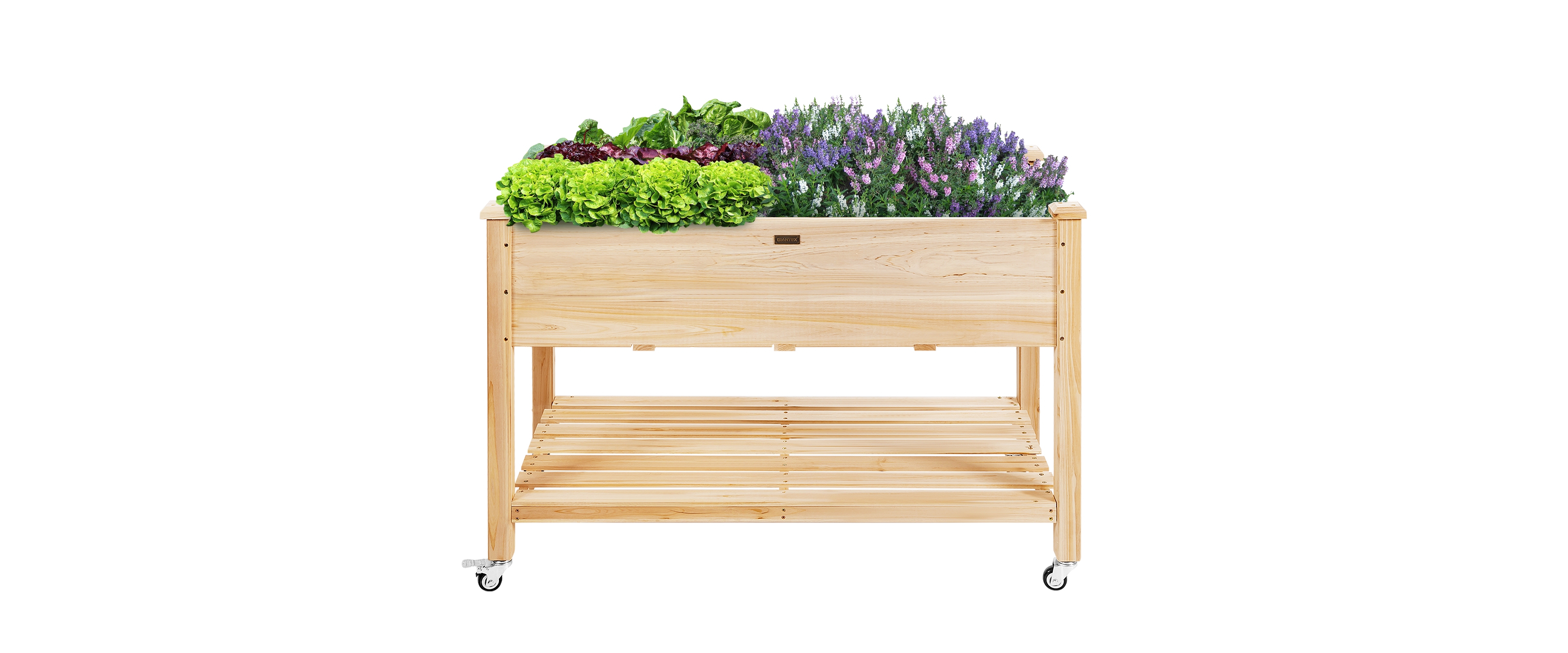 Sugift Wood Elevated Planter Bed with Lockable Wheels Shelf and Liner